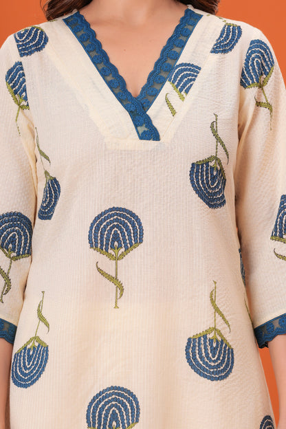 Printed V Neck Pure Cotton Top With Trousers Co-Ords