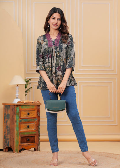 Women’s Printed Tunic Top with Lace Neck Detailing – Casual & Ethnic Fusion Wear