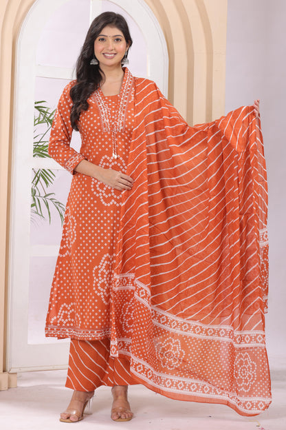 Gulabi Leaf's A-Line Printed Pure Cotton Embroidered Kurta, Pant With Dupatta