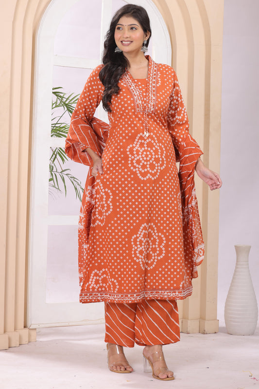Gulabi Leaf's A-Line Printed Pure Cotton Embroidered Kurta, Pant With Dupatta