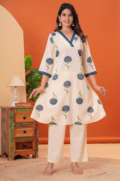 Printed V Neck Pure Cotton Top With Trousers Co-Ords