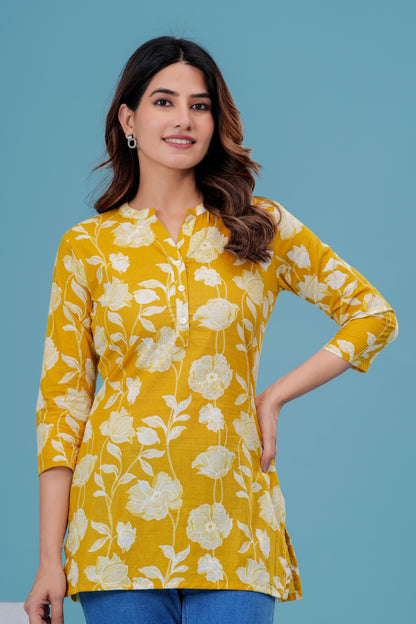Women's Yellow Floral Cotton Short Kurti – 3/4 Sleeve