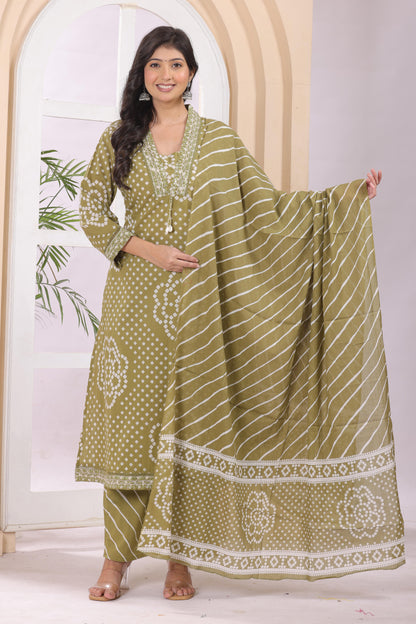 Gulabi Leaf's A-Line Printed Pure Cotton Embroidered Kurta, Pant With Dupatta