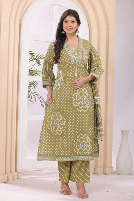 Gulabi Leaf's A-Line Printed Pure Cotton Embroidered Kurta, Pant With Dupatta