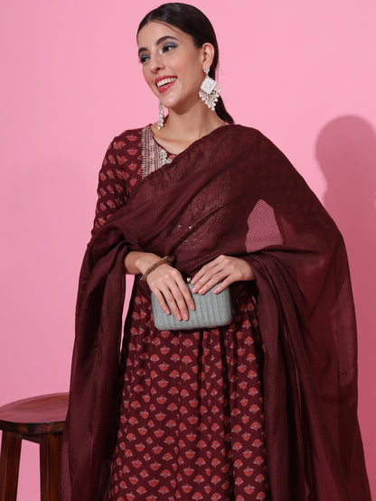 Maroon Ethnic Printed & Embroidered Kurta Set with Dupatta – Festive Wear for Women