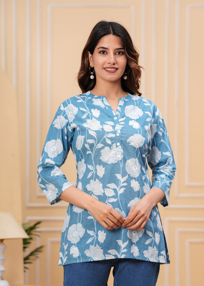 Women's Blue Floral Cotton Short Kurti – 3/4 Sleeve