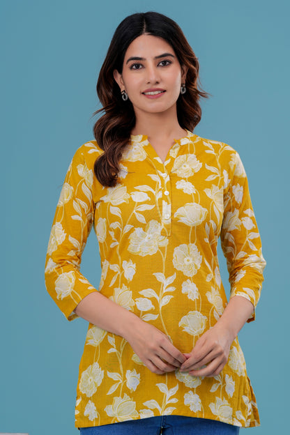Women's Yellow Floral Cotton Short Kurti – 3/4 Sleeve