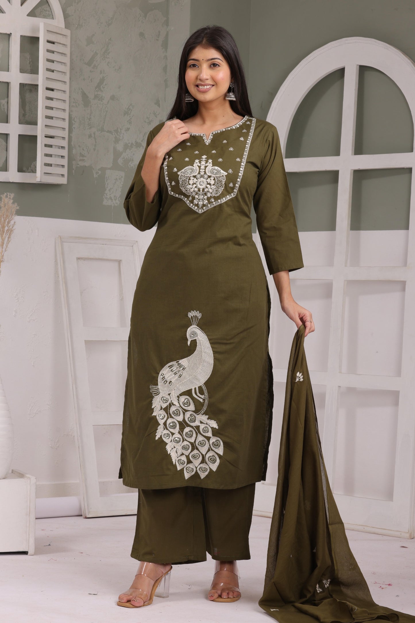Gulabi Leaf's Solid Pure Cotton Embroidered Kurta, Pant With Dupatta