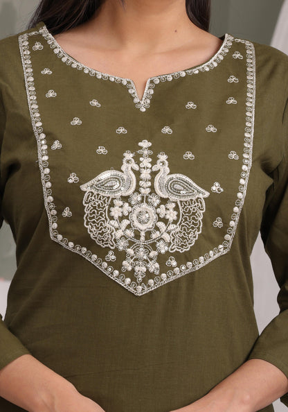 Gulabi Leaf's Solid Pure Cotton Embroidered Kurta, Pant With Dupatta