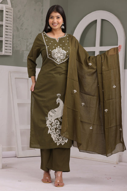 Gulabi Leaf's Solid Pure Cotton Embroidered Kurta, Pant With Dupatta