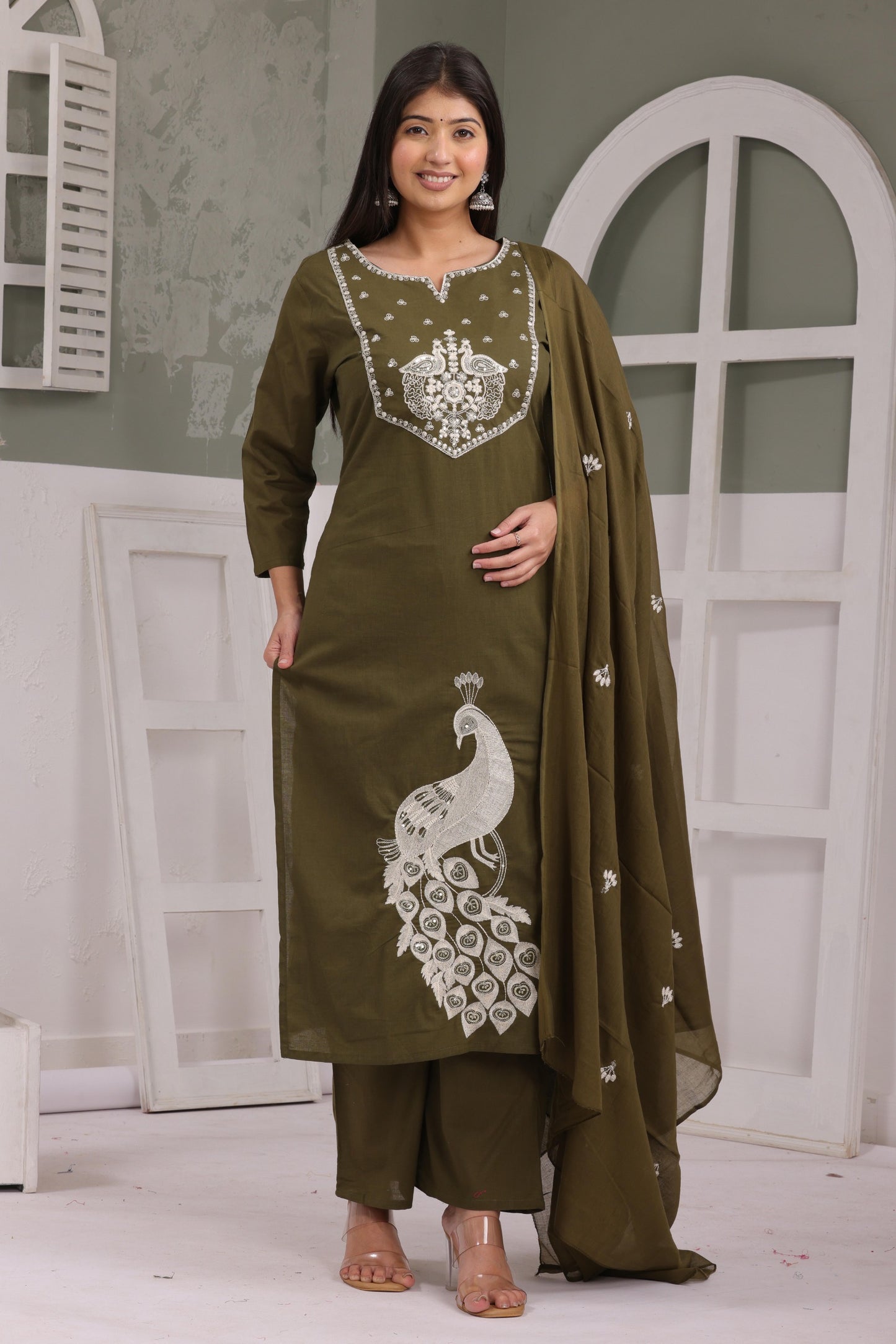 Gulabi Leaf's Solid Pure Cotton Embroidered Kurta, Pant With Dupatta