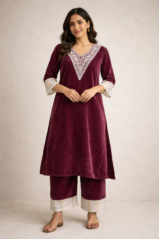 Women Wine Velvet Embroidered Kurta with Palazzo Set